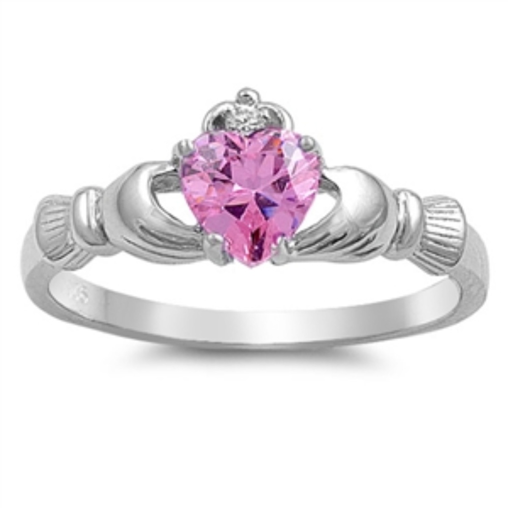 925 Sterling Silver Claddagh Ring Pink CZ